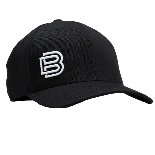 Baseline Boss Elite black pickleball hat at 45-degree angle. Premium cap with curved brim and embroidered logo.